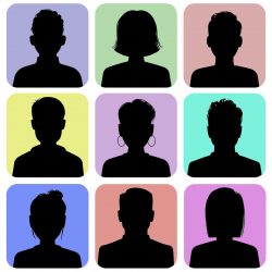 Silhouette heads. Male and female head silhouettes internet avatar, black web icons gray square background, woman and man social media anonymous portrait, flat vector isolated collection